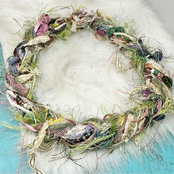 Green Pink Woven Fiber Beaded Necklace Textile Fiber Art Seed Beads Statement - Picture 7 of 12